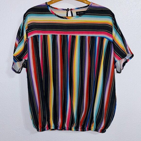 Merigold Kiss Multicolor Stripe Top Women’s Large Short Sleeve Boho Peasant - Picture 1 of 8